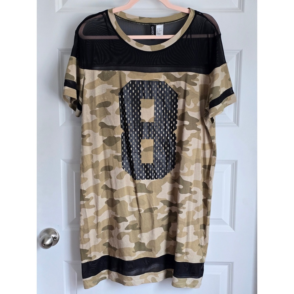 HM Divided Camo Mesh T-Shirt Dress Green Tan Sporty Graphic Mini Size 14